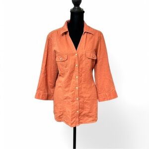 SONOMA LIFE DTYLE Women's Orange Button-Up Shirt L, 3/4 sleeve and pockets.
